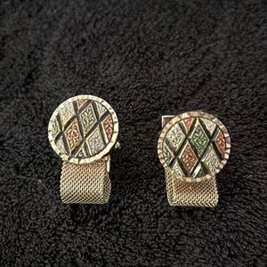 Dk gold color Men’s Cufflinks- Diamond Pattern in Copper/Green/Silver/Blk: Mesh